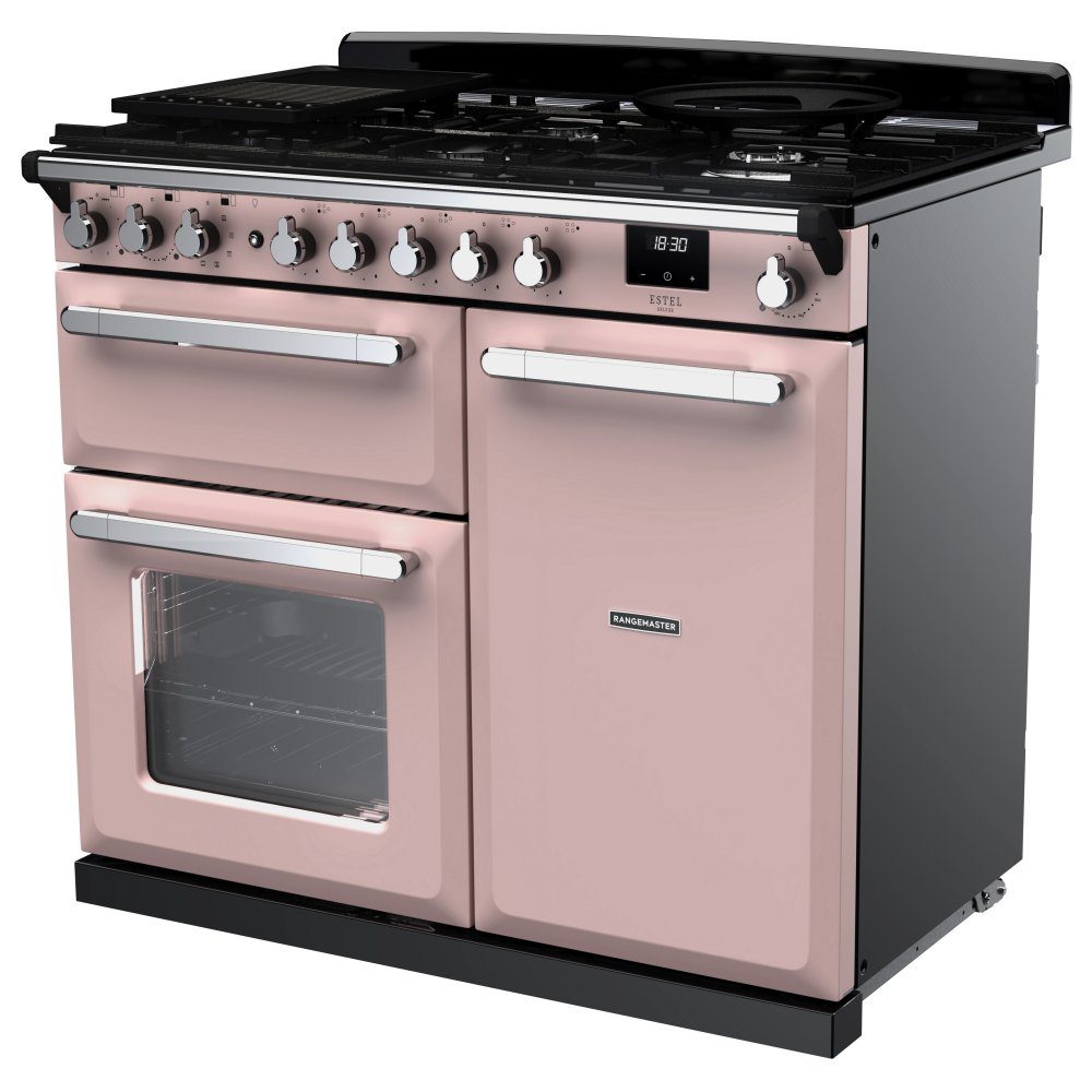 Rangemaster Estel Deluxe 100cm Dual Fuel Range Cooker With Chrome Trim 15084 ESDL100DFPPPK/CM1 - Pale Pink Rangemaster Estel Deluxe 100cm Dual Fuel Range Cooker With Chrome Trim 15084 ESDL100DFPPPK/CM1 - Pale Pink