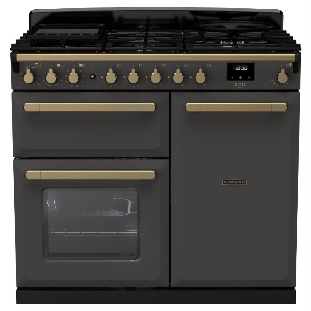 Rangemaster  Estel Deluxe 100cm Dual Fuel Range Cooker With Antique Brass Trim 18075 ESDL100DFPSLT/AB1 - Slate
