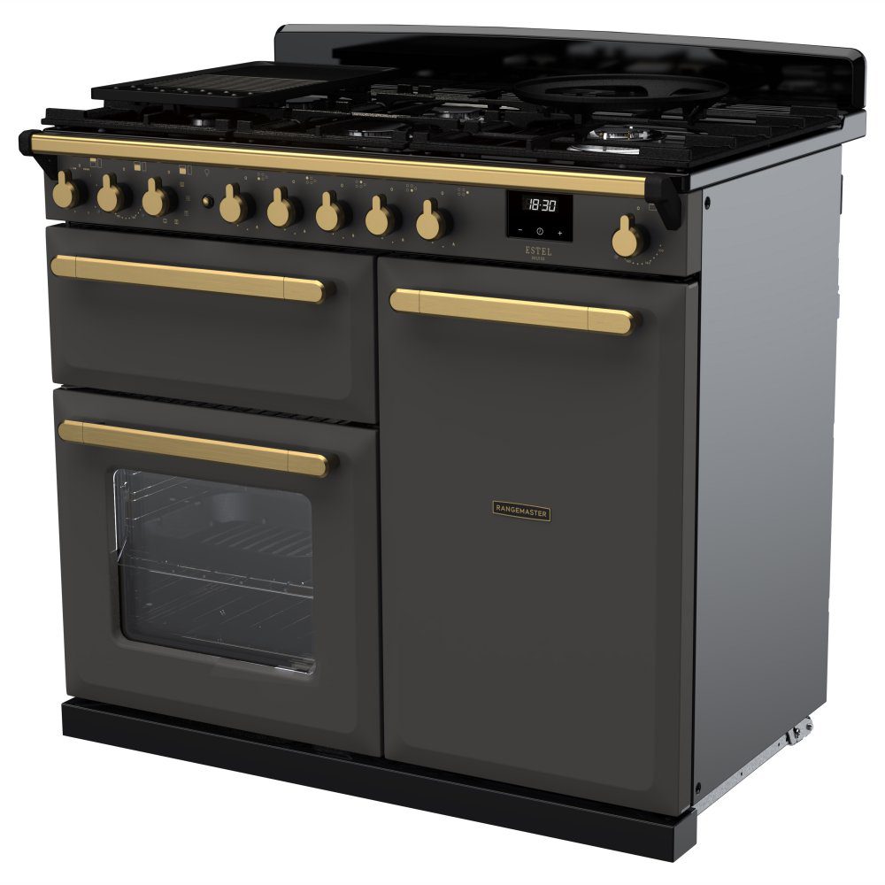 Rangemaster Estel Deluxe 100cm Dual Fuel Range Cooker With Antique Brass Trim 18075 ESDL100DFPSLT/AB1 - Slate Rangemaster Estel Deluxe 100cm Dual Fuel Range Cooker With Antique Brass Trim 18075 ESDL100DFPSLT/AB1 - Slate