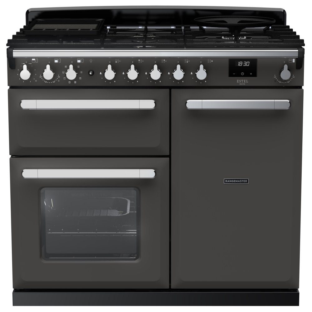 Rangemaster  Estel Deluxe 100cm Dual Fuel Range Cooker With Chrome Trim 15079 ESDL100DFPSLT/CM1 - Slate