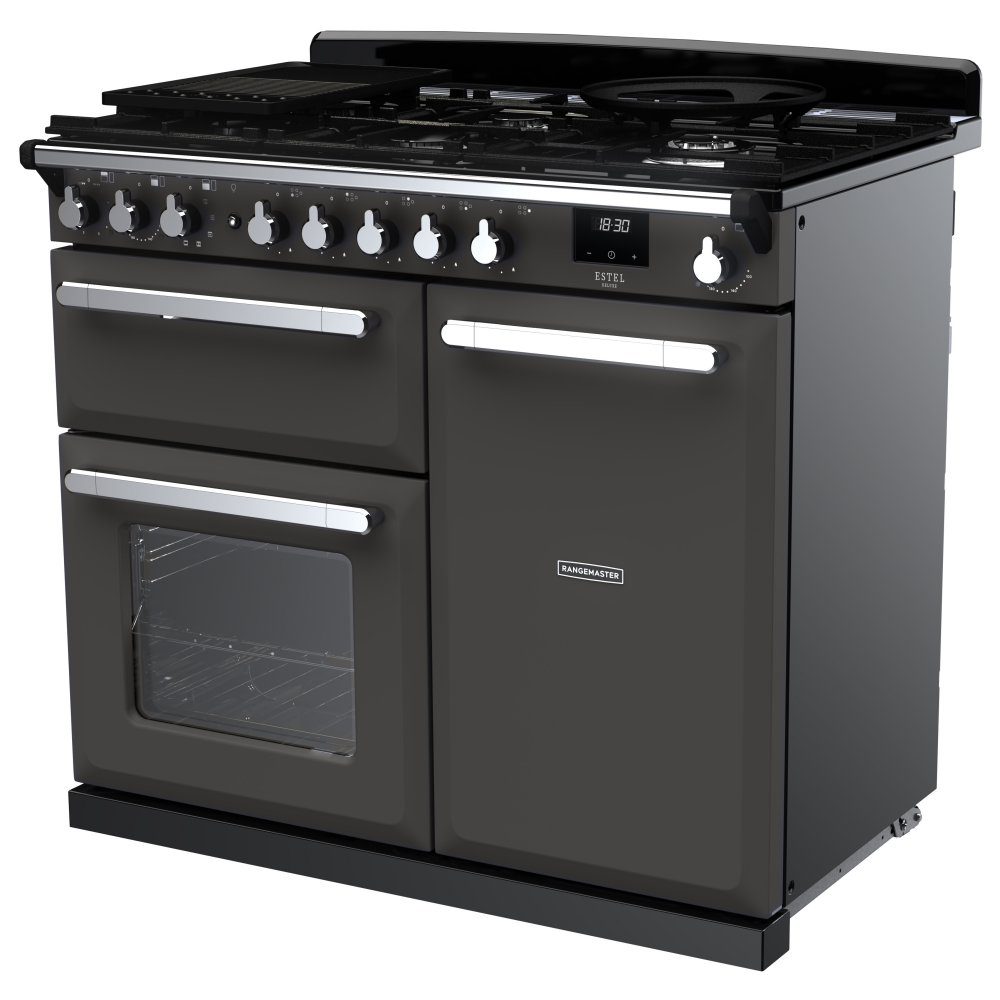 Rangemaster Estel Deluxe 100cm Dual Fuel Range Cooker With Chrome Trim 15079 ESDL100DFPSLT/CM1 - Slate Rangemaster Estel Deluxe 100cm Dual Fuel Range Cooker With Chrome Trim 15079 ESDL100DFPSLT/CM1 - Slate