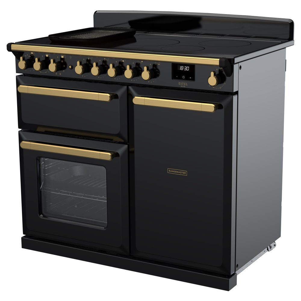 Rangemaster Estel Deluxe 100cm Induction Range Cooker With Antique Brass Trim 18088 ESDL100EIPGBL/AB1 - Black Rangemaster Estel Deluxe 100cm Induction Range Cooker With Antique Brass Trim 18088 ESDL100EIPGBL/AB1 - Black