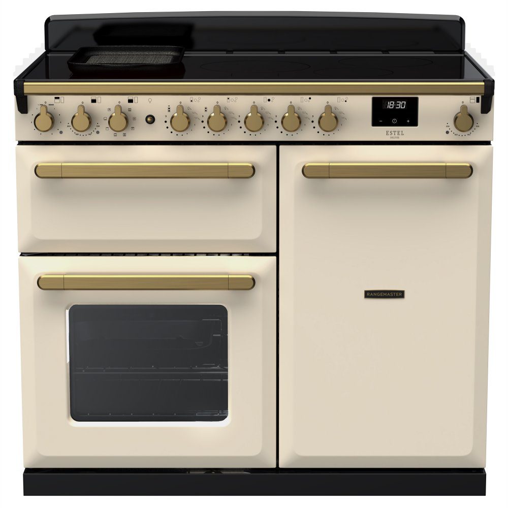 Rangemaster  Estel Deluxe 100cm Induction Range Cooker With Antique Brass Trim 18090 ESDL100EIPPCR/AB1 - Pale Cream