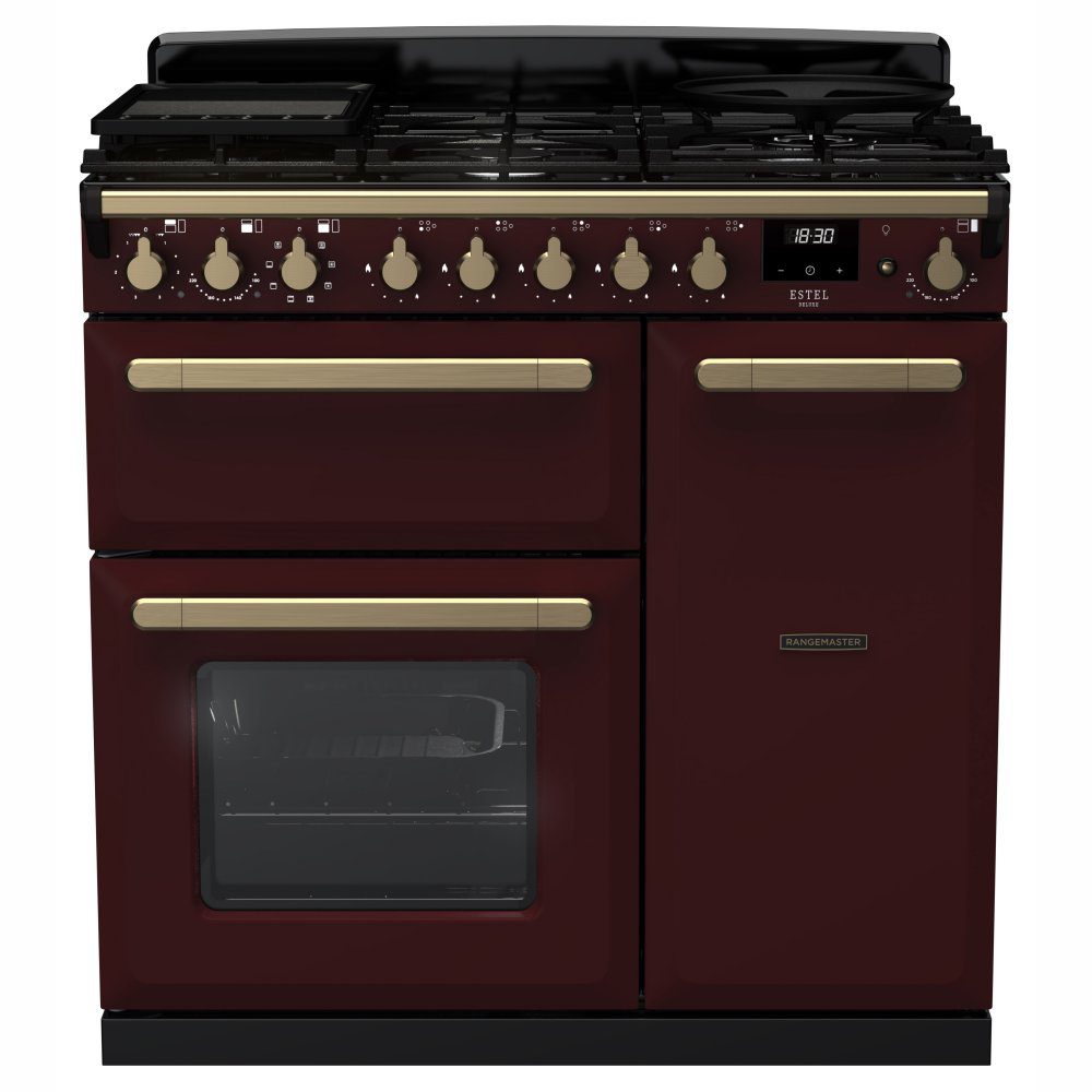 Rangemaster  Estel Deluxe 90cm Dual Fuel Range Cooker With Antique Brass Trim 18035 ESDL90DFPBOR/AB1 - Bordeaux