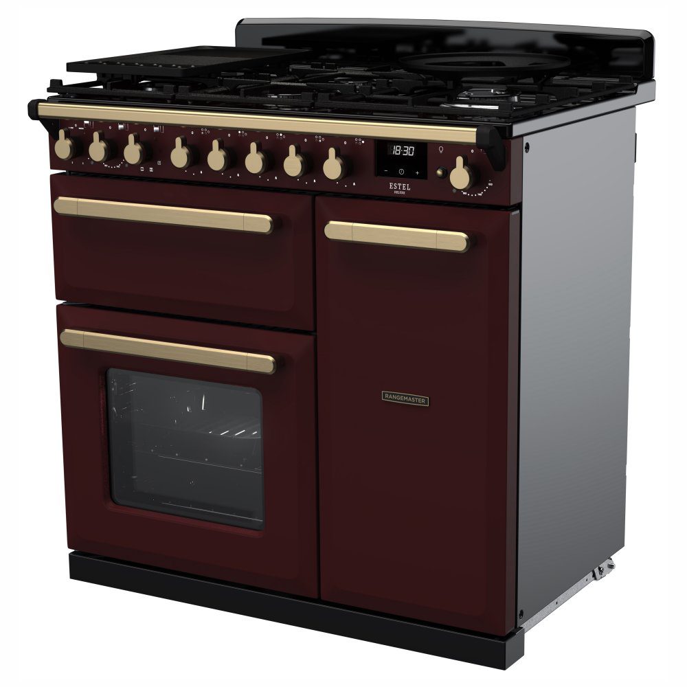 Rangemaster Estel Deluxe 90cm Dual Fuel Range Cooker With Antique Brass Trim 18035 ESDL90DFPBOR/AB1 - Bordeaux Rangemaster Estel Deluxe 90cm Dual Fuel Range Cooker With Antique Brass Trim 18035 ESDL90DFPBOR/AB1 - Bordeaux