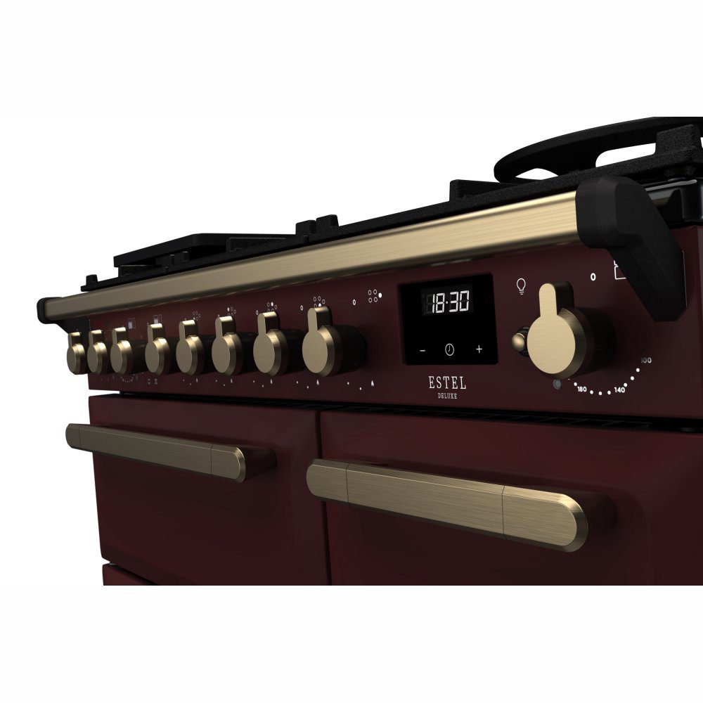 Rangemaster Estel Deluxe 90cm Dual Fuel Range Cooker With Antique Brass Trim 18035 ESDL90DFPBOR/AB1 - Bordeaux Rangemaster Estel Deluxe 90cm Dual Fuel Range Cooker With Antique Brass Trim 18035 ESDL90DFPBOR/AB1 - Bordeaux