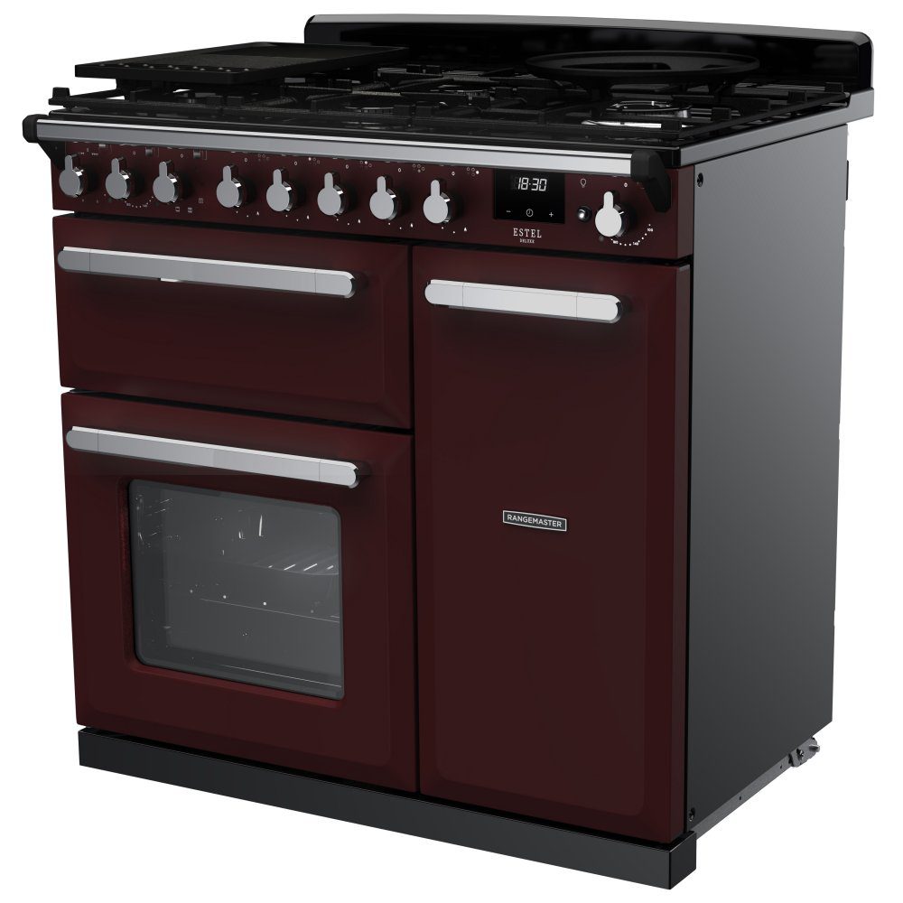 Rangemaster Estel Deluxe 90cm Dual Fuel Range Cooker With Chrome Trim 14979 ESDL90DFPBOR/CM1 - Bordeaux Rangemaster Estel Deluxe 90cm Dual Fuel Range Cooker With Chrome Trim 14979 ESDL90DFPBOR/CM1 - Bordeaux