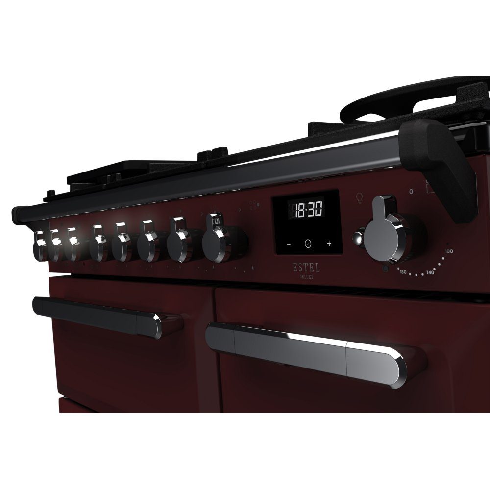 Rangemaster Estel Deluxe 90cm Dual Fuel Range Cooker With Chrome Trim 14979 ESDL90DFPBOR/CM1 - Bordeaux Rangemaster Estel Deluxe 90cm Dual Fuel Range Cooker With Chrome Trim 14979 ESDL90DFPBOR/CM1 - Bordeaux