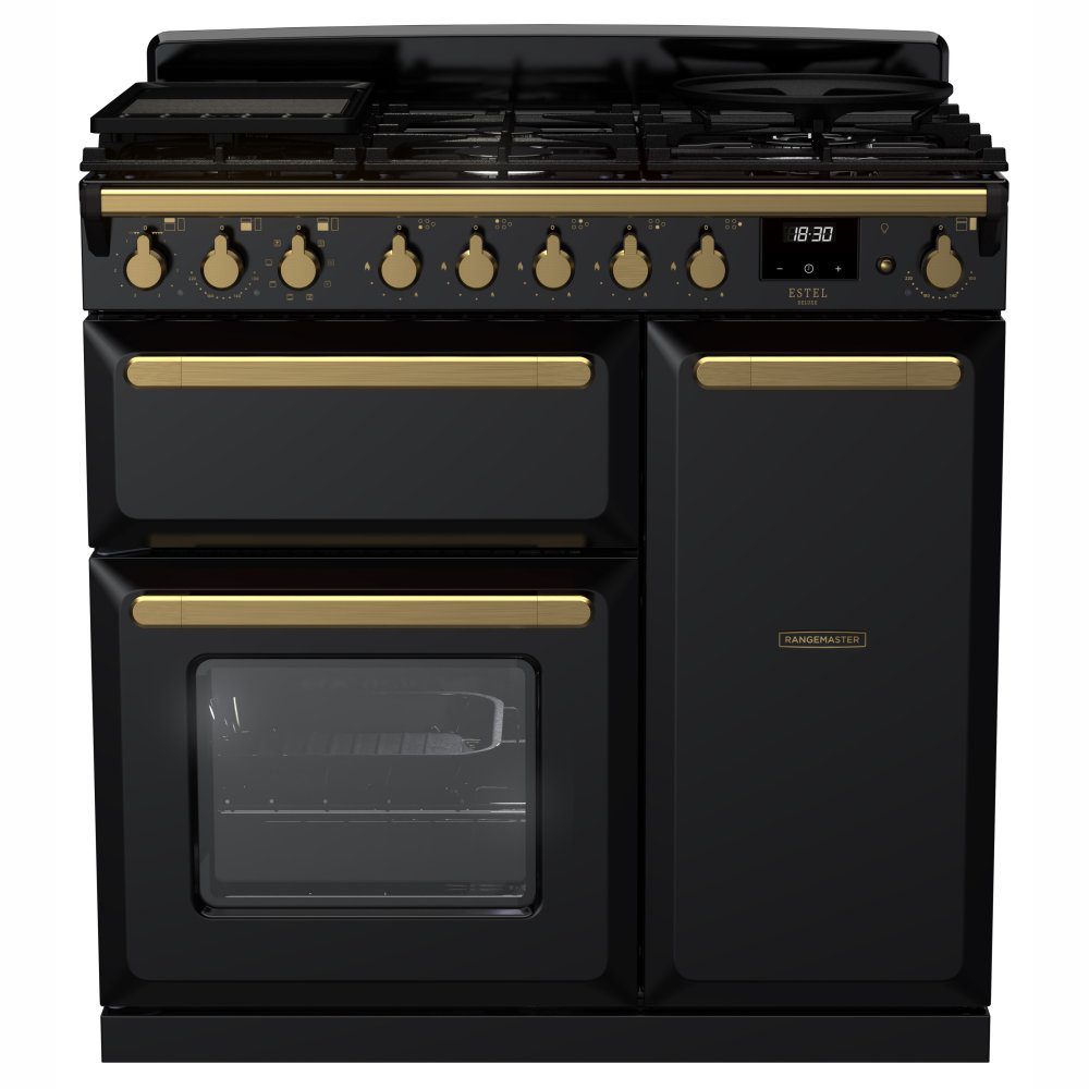 Rangemaster  Estel Deluxe 90cm Dual Fuel Range Cooker With Antique Brass Trim 18032 ESDL90DFPGBL/AB1 - Black