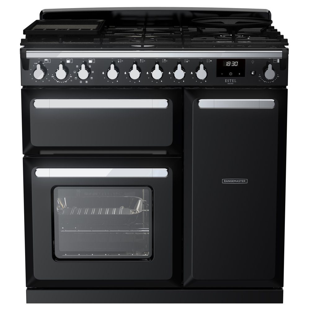 Rangemaster  Estel Deluxe 90cm Dual Fuel Range Cooker With Chrome Trim 14976 ESDL90DFPGBL/CM1 - Black