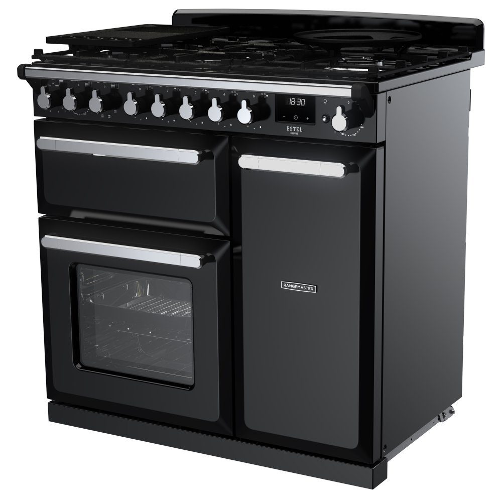 Rangemaster Estel Deluxe 90cm Dual Fuel Range Cooker With Chrome Trim 14976 ESDL90DFPGBL/CM1 - Black Rangemaster Estel Deluxe 90cm Dual Fuel Range Cooker With Chrome Trim 14976 ESDL90DFPGBL/CM1 - Black