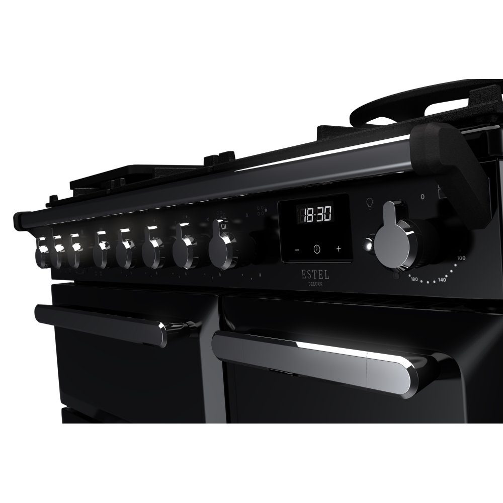 Rangemaster Estel Deluxe 90cm Dual Fuel Range Cooker With Chrome Trim 14976 ESDL90DFPGBL/CM1 - Black Rangemaster Estel Deluxe 90cm Dual Fuel Range Cooker With Chrome Trim 14976 ESDL90DFPGBL/CM1 - Black