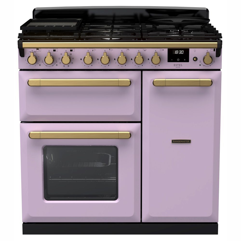 Rangemaster  Estel Deluxe 90cm Dual Fuel Range Cooker With Antique Brass Trim 18227 ESDL90DFPHTH/AB1 - Heather