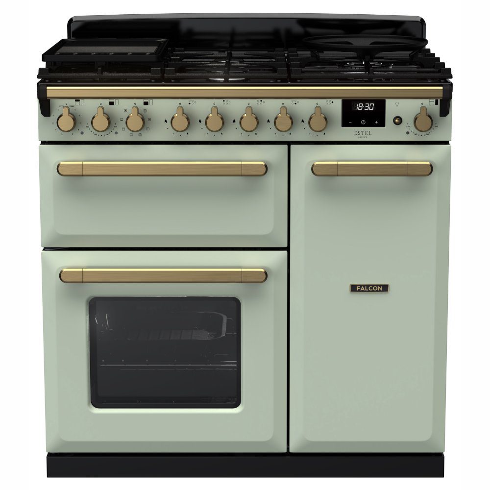 Rangemaster  Estel Deluxe 90cm Dual Fuel Range Cooker With Antique Brass Trim 18038 ESDL90DFPMNT/AB1 - Mint