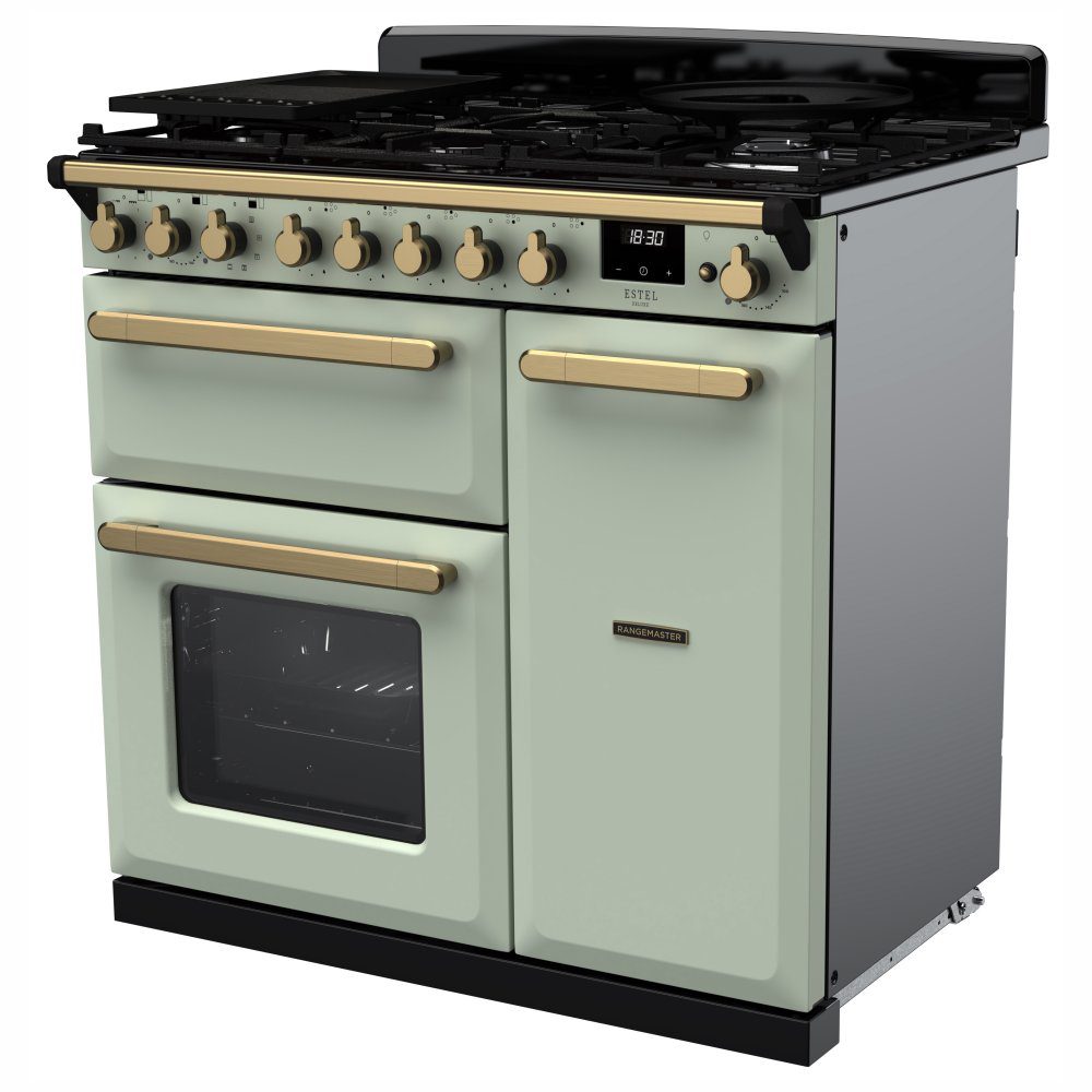 Rangemaster Estel Deluxe 90cm Dual Fuel Range Cooker With Antique Brass Trim 18038 ESDL90DFPMNT/AB1 - Mint Rangemaster Estel Deluxe 90cm Dual Fuel Range Cooker With Antique Brass Trim 18038 ESDL90DFPMNT/AB1 - Mint