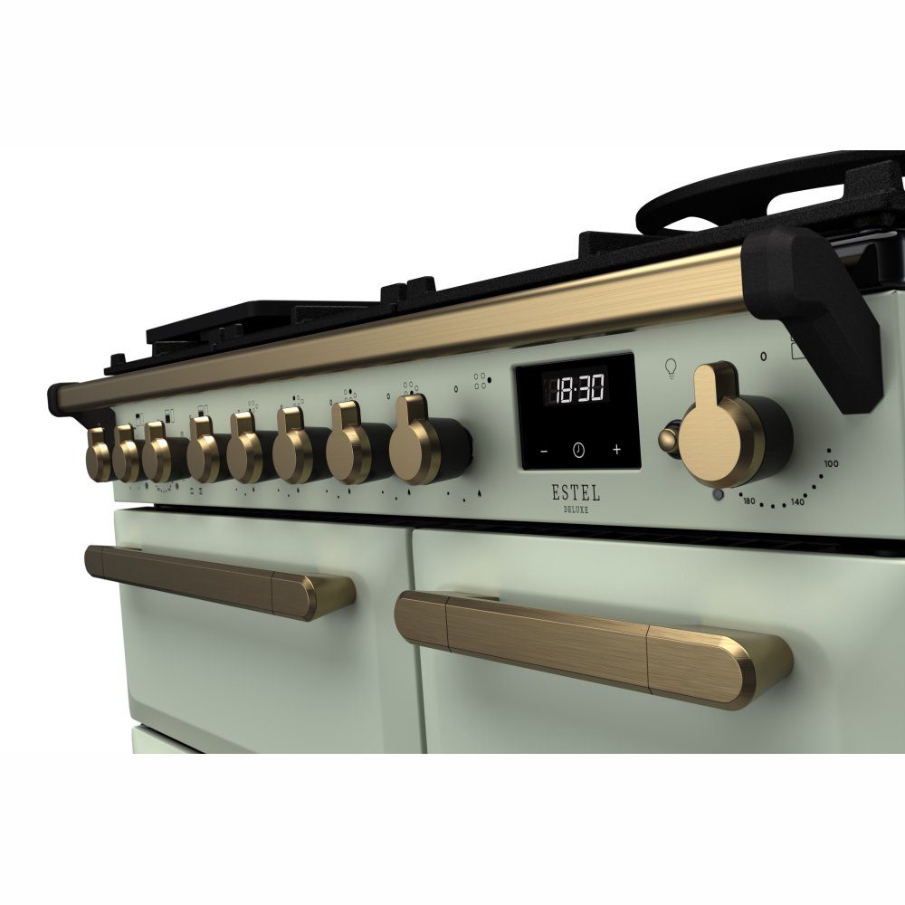 Rangemaster Estel Deluxe 90cm Dual Fuel Range Cooker With Antique Brass Trim 18038 ESDL90DFPMNT/AB1 - Mint Rangemaster Estel Deluxe 90cm Dual Fuel Range Cooker With Antique Brass Trim 18038 ESDL90DFPMNT/AB1 - Mint