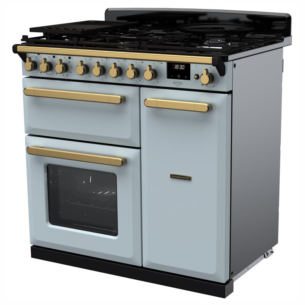 Rangemaster Estel Deluxe 90cm Dual Fuel Range Cooker With Antique Brass Trim 18036 ESDL90DFPMSB/AB1 - Misty Blue Rangemaster Estel Deluxe 90cm Dual Fuel Range Cooker With Antique Brass Trim 18036 ESDL90DFPMSB/AB1 - Misty Blue