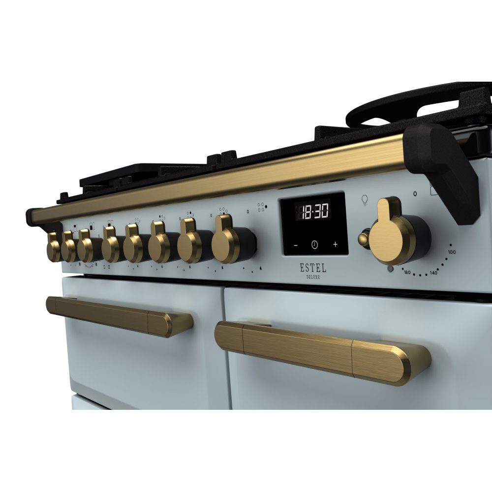 Rangemaster Estel Deluxe 90cm Dual Fuel Range Cooker With Antique Brass Trim 18036 ESDL90DFPMSB/AB1 - Misty Blue Rangemaster Estel Deluxe 90cm Dual Fuel Range Cooker With Antique Brass Trim 18036 ESDL90DFPMSB/AB1 - Misty Blue