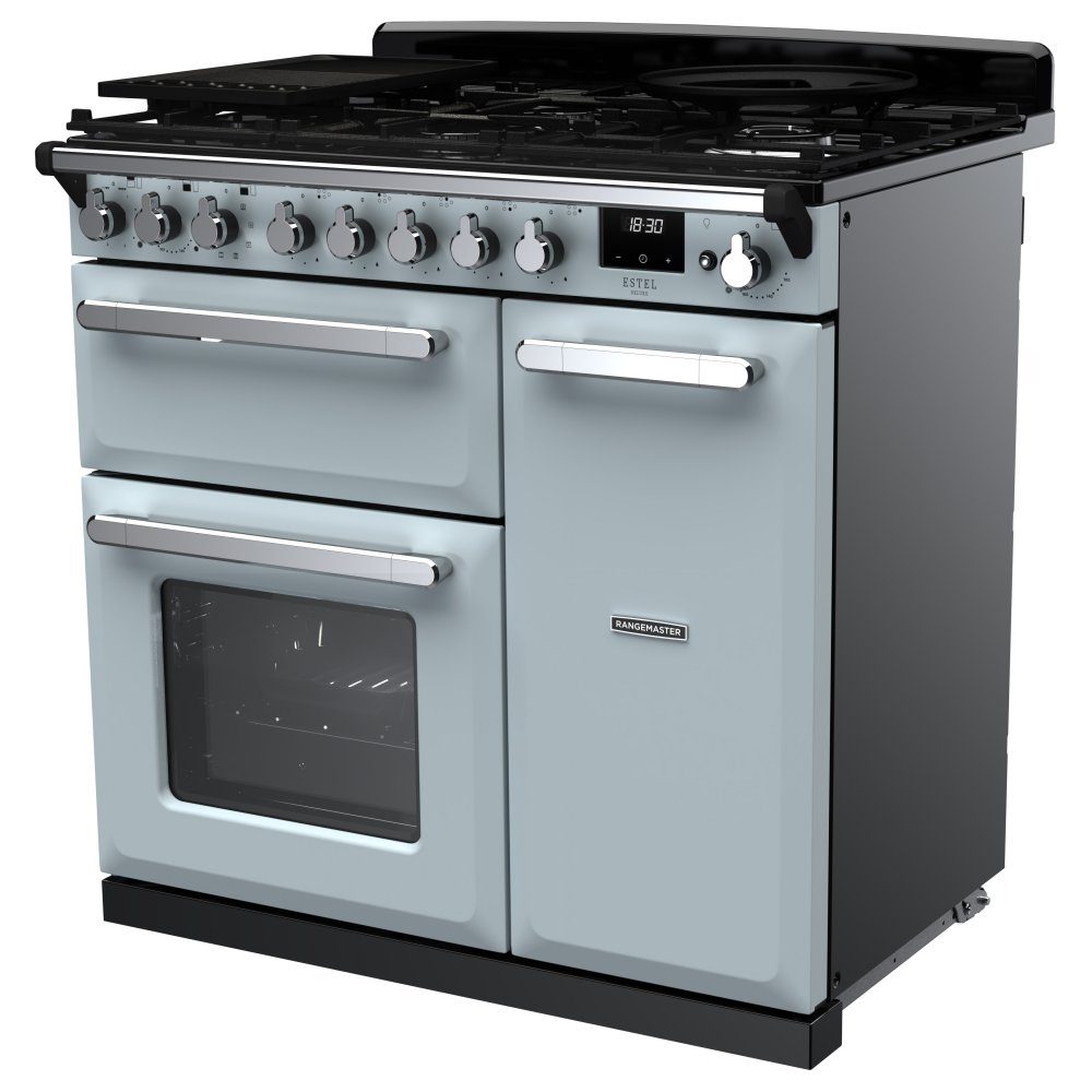Rangemaster Estel Deluxe 90cm Dual Fuel Range Cooker With Chrome Trim 14981 ESDL90DFPMSB/CM1 - Misty Blue Rangemaster Estel Deluxe 90cm Dual Fuel Range Cooker With Chrome Trim 14981 ESDL90DFPMSB/CM1 - Misty Blue