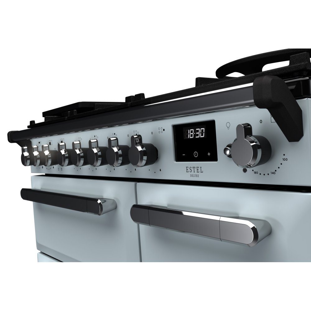 Rangemaster Estel Deluxe 90cm Dual Fuel Range Cooker With Chrome Trim 14981 ESDL90DFPMSB/CM1 - Misty Blue Rangemaster Estel Deluxe 90cm Dual Fuel Range Cooker With Chrome Trim 14981 ESDL90DFPMSB/CM1 - Misty Blue