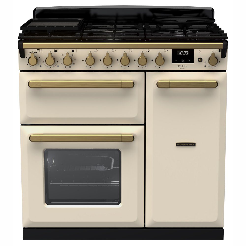 Rangemaster  Estel Deluxe 90cm Dual Fuel Range Cooker With Antique Brass Trim 18034 ESDL90DFPPCR/AB1 - Pale Cream