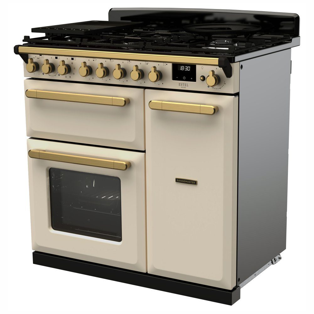 Rangemaster Estel Deluxe 90cm Dual Fuel Range Cooker With Antique Brass Trim 18034 ESDL90DFPPCR/AB1 - Pale Cream Rangemaster Estel Deluxe 90cm Dual Fuel Range Cooker With Antique Brass Trim 18034 ESDL90DFPPCR/AB1 - Pale Cream