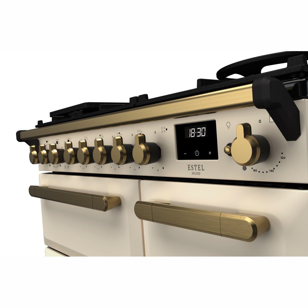 Rangemaster Estel Deluxe 90cm Dual Fuel Range Cooker With Antique Brass Trim 18034 ESDL90DFPPCR/AB1 - Pale Cream Rangemaster Estel Deluxe 90cm Dual Fuel Range Cooker With Antique Brass Trim 18034 ESDL90DFPPCR/AB1 - Pale Cream