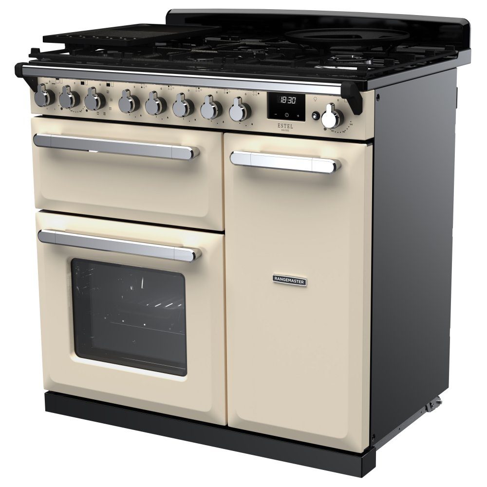 Rangemaster Estel Deluxe 90cm Dual Fuel Range Cooker With Chrome Trim 14978 ESDL90DFPPCR/CM1 - Pale Cream Rangemaster Estel Deluxe 90cm Dual Fuel Range Cooker With Chrome Trim 14978 ESDL90DFPPCR/CM1 - Pale Cream