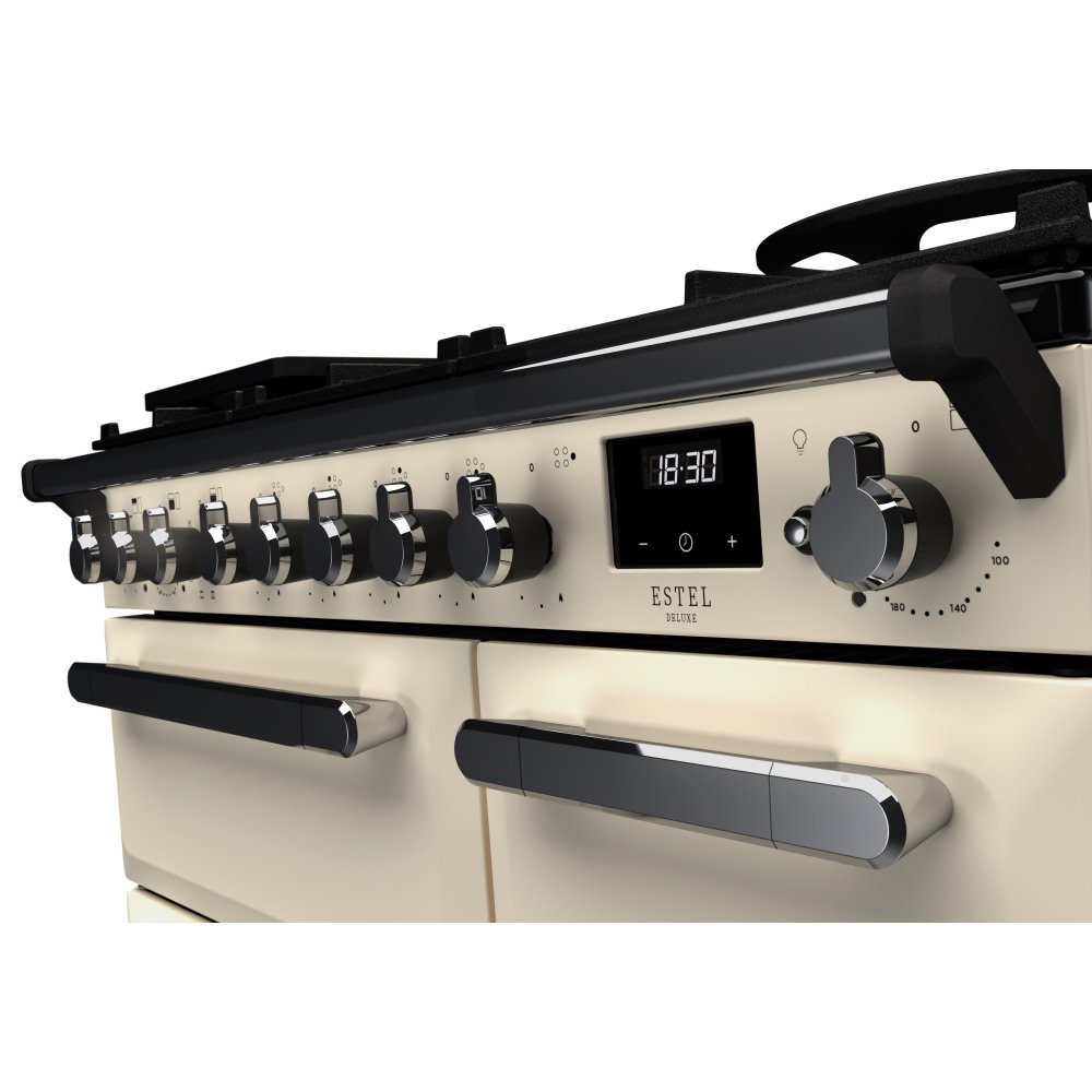 Rangemaster Estel Deluxe 90cm Dual Fuel Range Cooker With Chrome Trim 14978 ESDL90DFPPCR/CM1 - Pale Cream Rangemaster Estel Deluxe 90cm Dual Fuel Range Cooker With Chrome Trim 14978 ESDL90DFPPCR/CM1 - Pale Cream