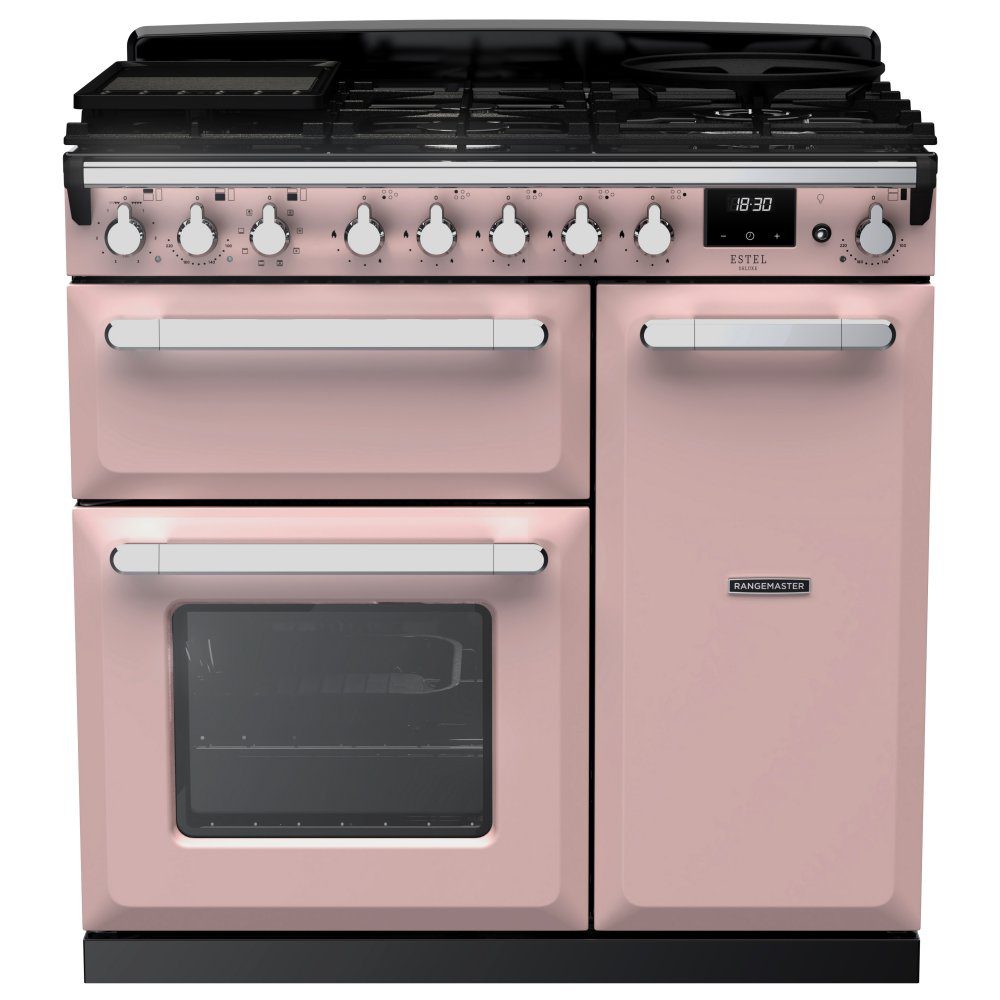 Rangemaster  Estel Deluxe 90cm Dual Fuel Range Cooker With Chrome Trim 14982 ESDL90DFPPPK/CM1 - Pale Pink
