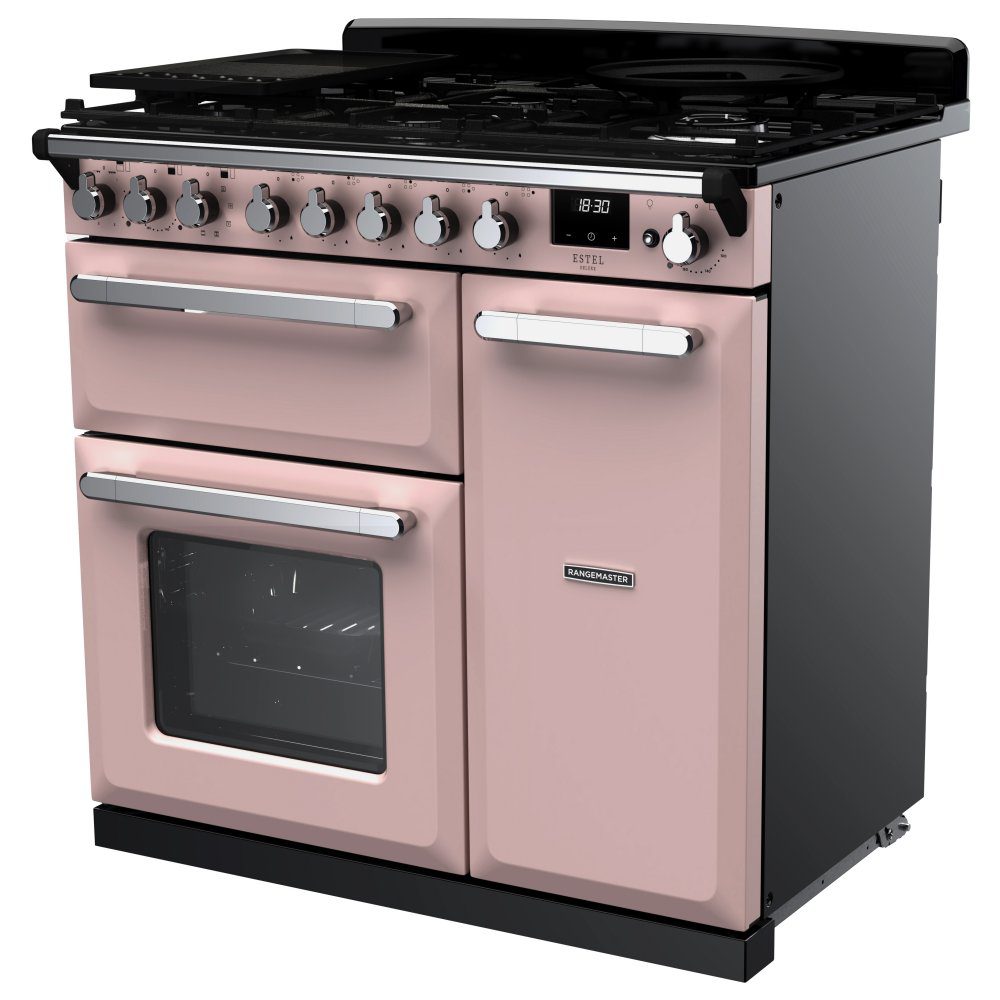 Rangemaster Estel Deluxe 90cm Dual Fuel Range Cooker With Chrome Trim 14982 ESDL90DFPPPK/CM1 - Pale Pink Rangemaster Estel Deluxe 90cm Dual Fuel Range Cooker With Chrome Trim 14982 ESDL90DFPPPK/CM1 - Pale Pink