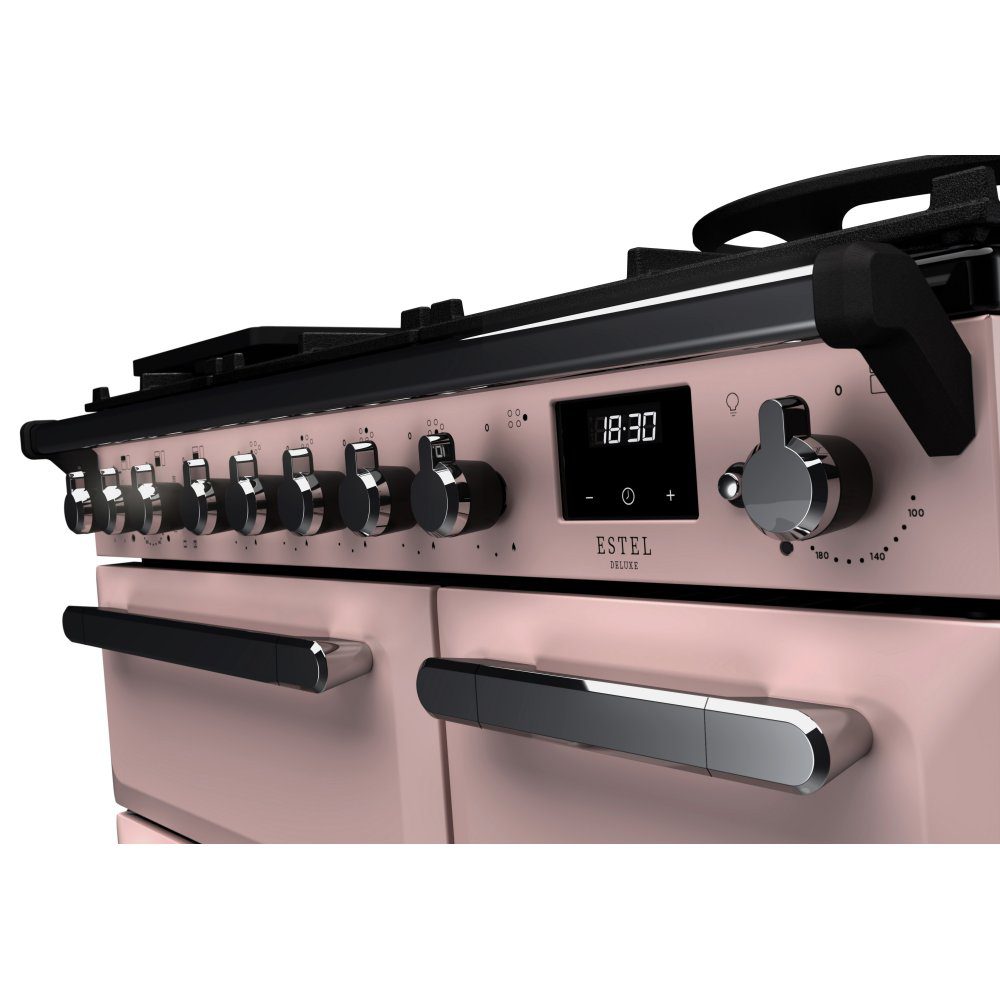 Rangemaster Estel Deluxe 90cm Dual Fuel Range Cooker With Chrome Trim 14982 ESDL90DFPPPK/CM1 - Pale Pink Rangemaster Estel Deluxe 90cm Dual Fuel Range Cooker With Chrome Trim 14982 ESDL90DFPPPK/CM1 - Pale Pink