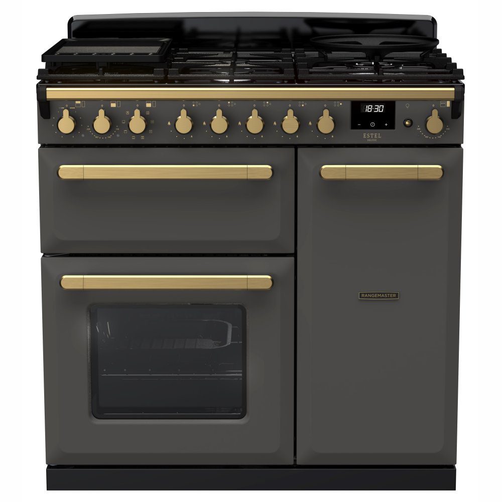 Rangemaster  Estel Deluxe 90cm Dual Fuel Range Cooker With Antique Brass Trim 18033 ESDL90DFPSLT/AB1 - Slate