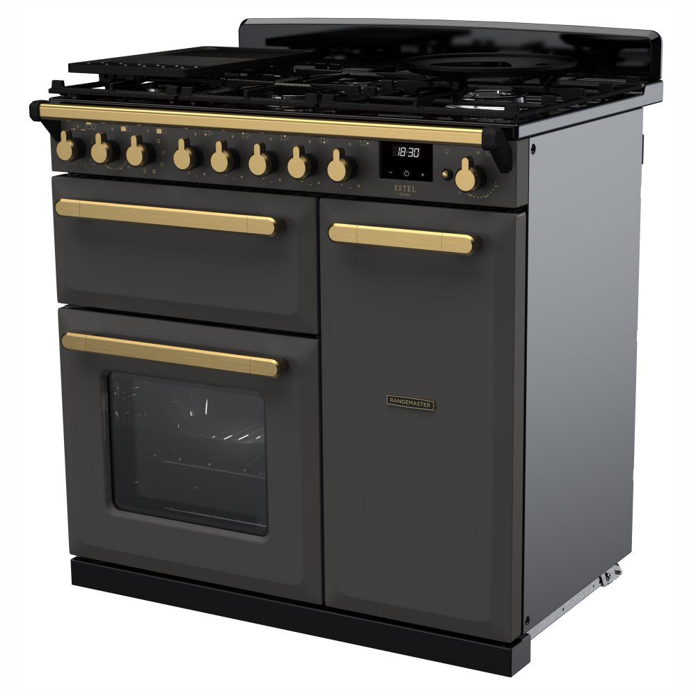 Rangemaster Estel Deluxe 90cm Dual Fuel Range Cooker With Antique Brass Trim 18033 ESDL90DFPSLT/AB1 - Slate Rangemaster Estel Deluxe 90cm Dual Fuel Range Cooker With Antique Brass Trim 18033 ESDL90DFPSLT/AB1 - Slate