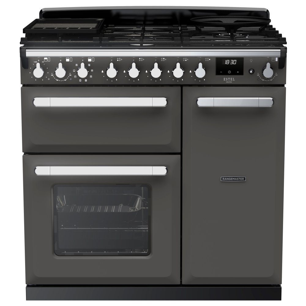 Rangemaster  Estel Deluxe 90cm Dual Fuel Range Cooker With Chrome Trim 14977 ESDL90DFPSLT/CM1 - Slate