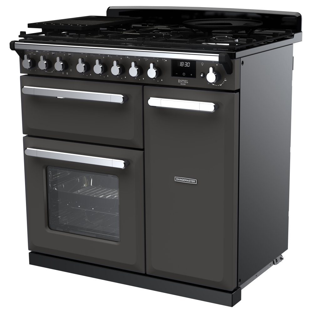 Rangemaster Estel Deluxe 90cm Dual Fuel Range Cooker With Chrome Trim 14977 ESDL90DFPSLT/CM1 - Slate Rangemaster Estel Deluxe 90cm Dual Fuel Range Cooker With Chrome Trim 14977 ESDL90DFPSLT/CM1 - Slate