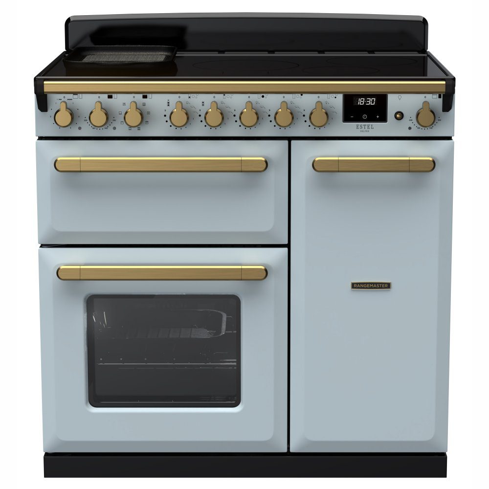 Rangemaster  Estel Deluxe 90cm Induction Range Cooker With Antique Brass Trim 18057 ESDL90EIPMSB/AB1 - Misty Blue