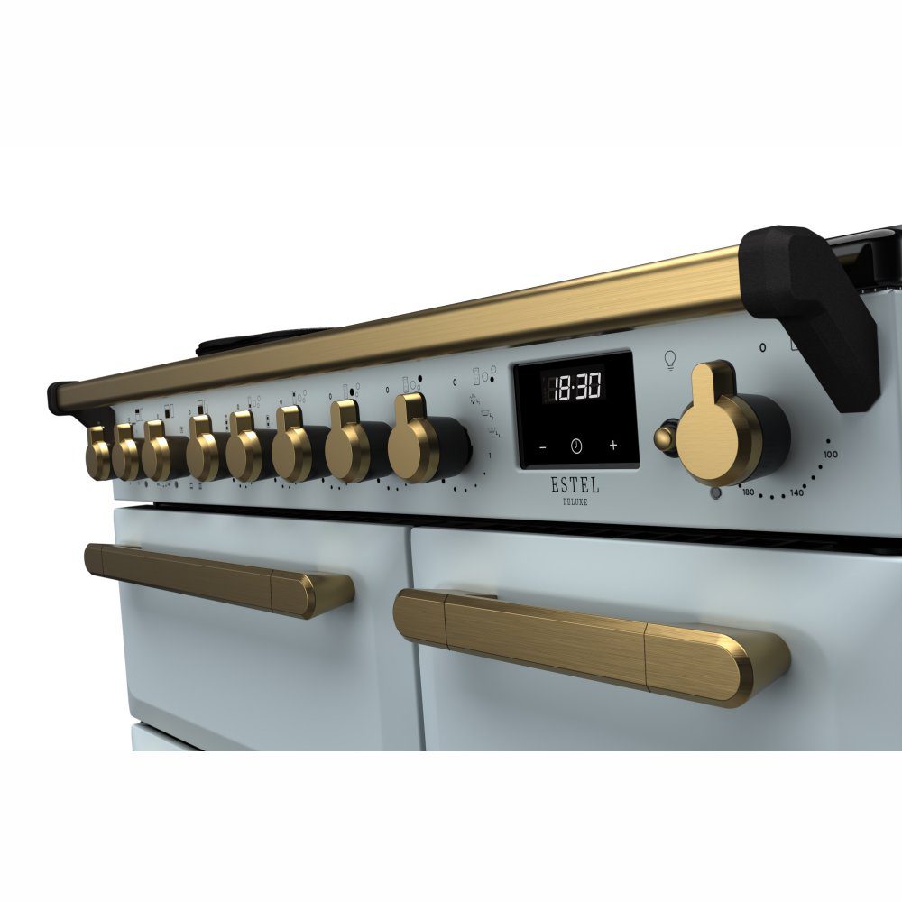 Rangemaster Estel Deluxe 90cm Induction Range Cooker With Antique Brass Trim 18057 ESDL90EIPMSB/AB1 - Misty Blue Rangemaster Estel Deluxe 90cm Induction Range Cooker With Antique Brass Trim 18057 ESDL90EIPMSB/AB1 - Misty Blue