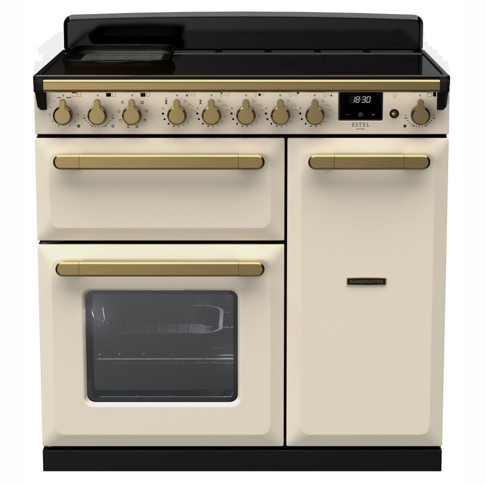 Rangemaster  Estel Deluxe 90cm Induction Range Cooker With Antique Brass Trim 18055 ESDL90EIPPCR/AB1 - Pale Cream