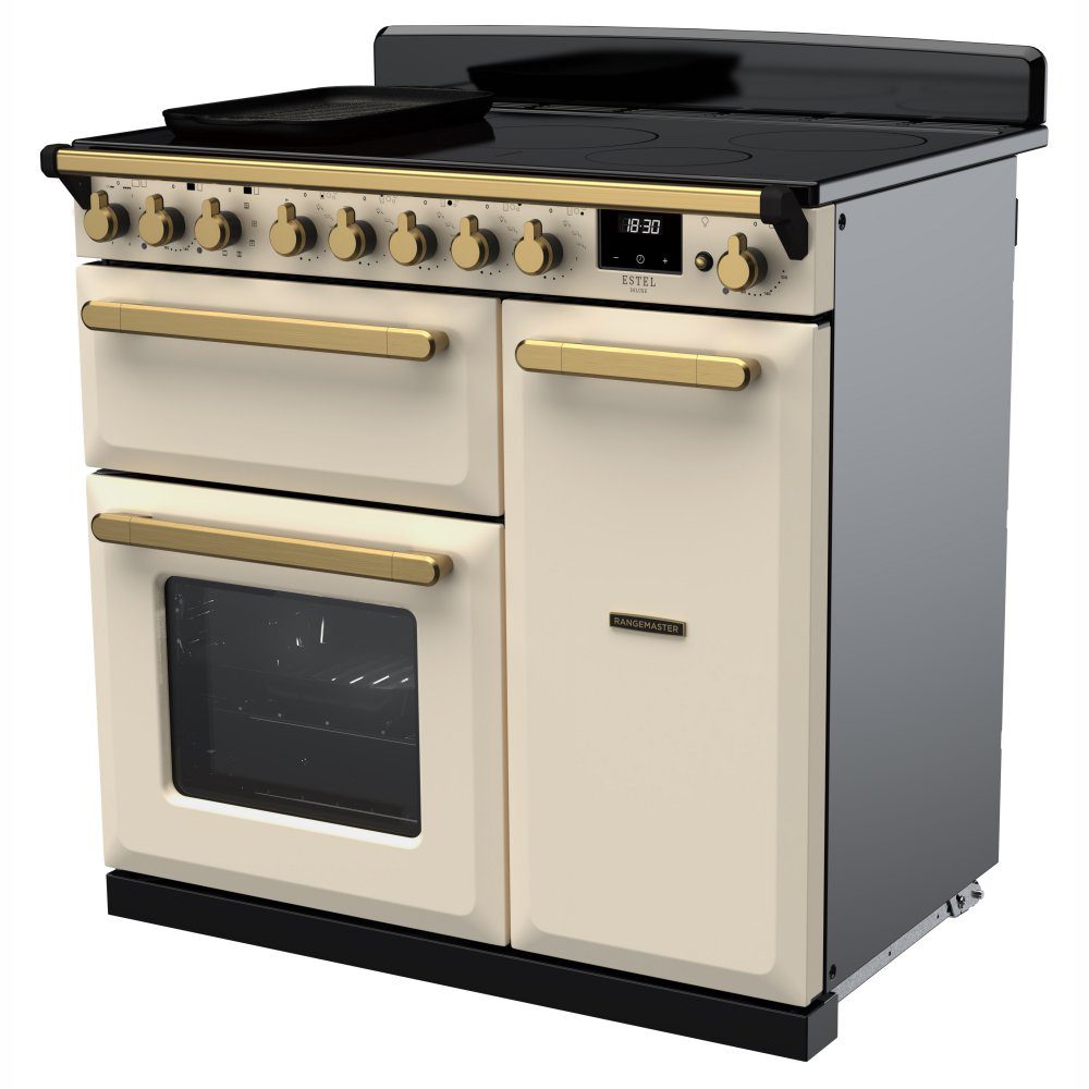 Rangemaster Estel Deluxe 90cm Induction Range Cooker With Antique Brass Trim 18055 ESDL90EIPPCR/AB1 - Pale Cream Rangemaster Estel Deluxe 90cm Induction Range Cooker With Antique Brass Trim 18055 ESDL90EIPPCR/AB1 - Pale Cream