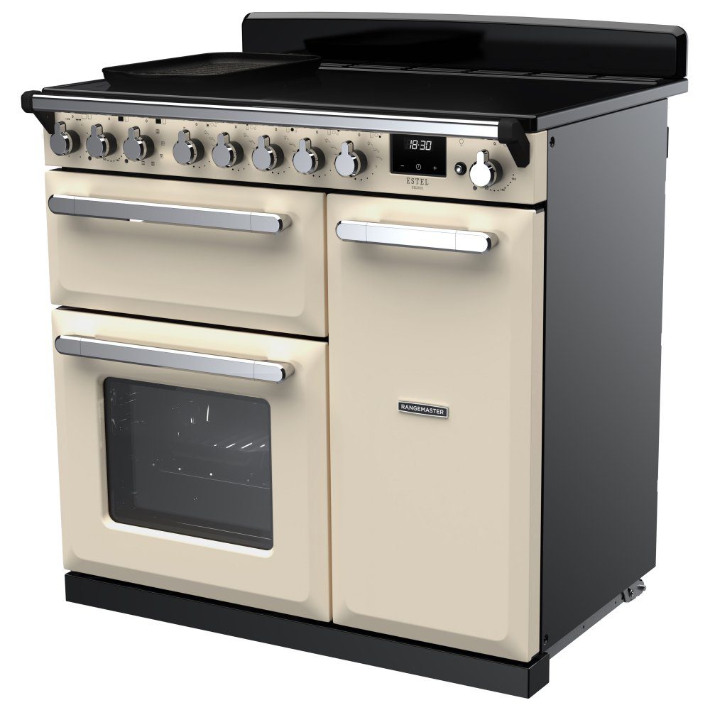 Rangemaster Estel Deluxe 90cm Induction Range Cooker With Chrome Trim 15029 ESDL90EIPPCR/CM1 - Pale Cream Rangemaster Estel Deluxe 90cm Induction Range Cooker With Chrome Trim 15029 ESDL90EIPPCR/CM1 - Pale Cream