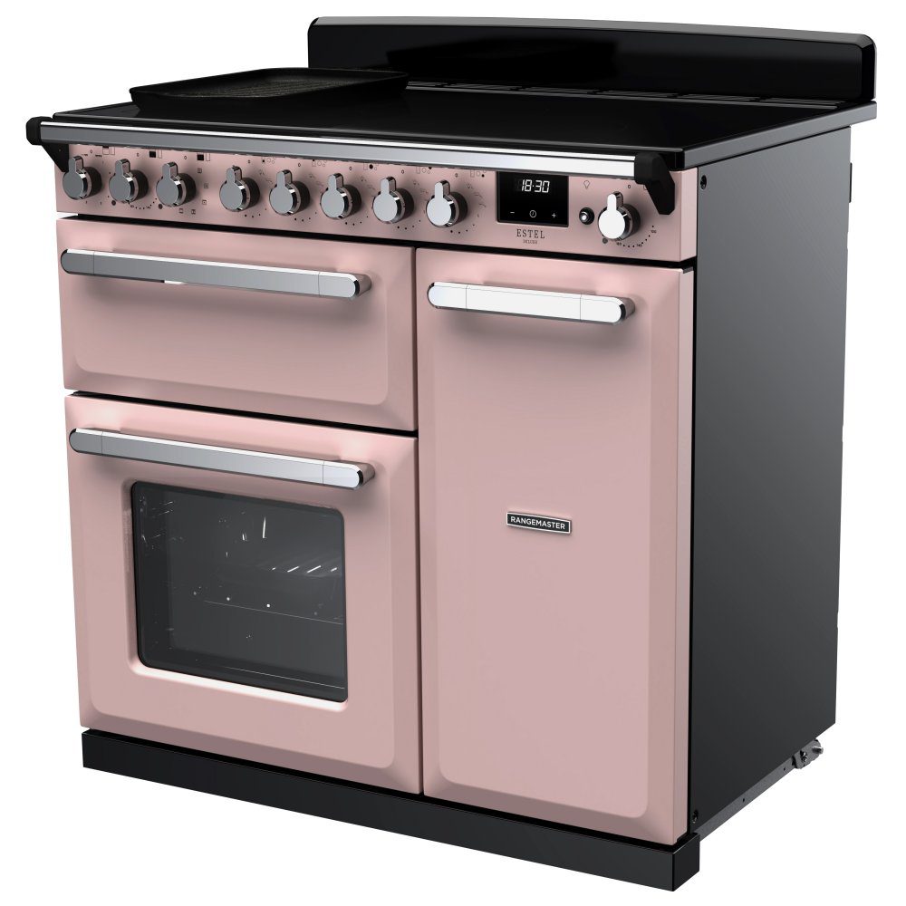 Rangemaster Estel Deluxe 90cm Induction Range Cooker With Chrome Trim 15033 ESDL90EIPPPK/CM1 - Pale Pink Rangemaster Estel Deluxe 90cm Induction Range Cooker With Chrome Trim 15033 ESDL90EIPPPK/CM1 - Pale Pink