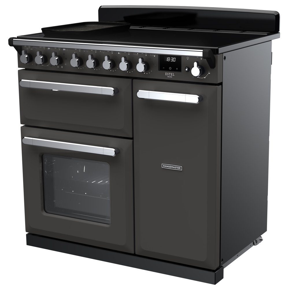 Rangemaster Estel Deluxe 90cm Induction Range Cooker With Chrome Trim 15028 ESDL90EIPSLT/CM1 - Slate Rangemaster Estel Deluxe 90cm Induction Range Cooker With Chrome Trim 15028 ESDL90EIPSLT/CM1 - Slate