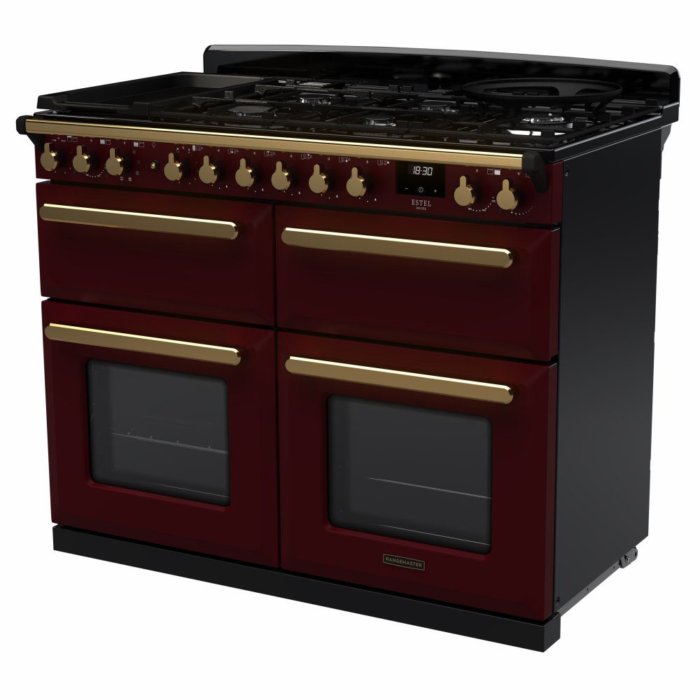 Rangemaster Estel Deluxe BC 110cm Dual Fuel Range Cooker With Antique Brass Trim 18147 ESDLB110DFPBOR/AB1 - Bordeaux Rangemaster Estel Deluxe BC 110cm Dual Fuel Range Cooker With Antique Brass Trim 18147 ESDLB110DFPBOR/AB1 - Bordeaux
