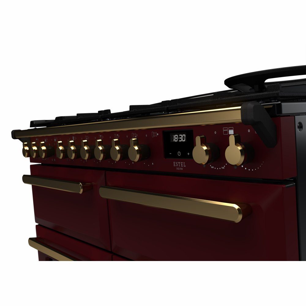 Rangemaster Estel Deluxe BC 110cm Dual Fuel Range Cooker With Antique Brass Trim 18147 ESDLB110DFPBOR/AB1 - Bordeaux Rangemaster Estel Deluxe BC 110cm Dual Fuel Range Cooker With Antique Brass Trim 18147 ESDLB110DFPBOR/AB1 - Bordeaux