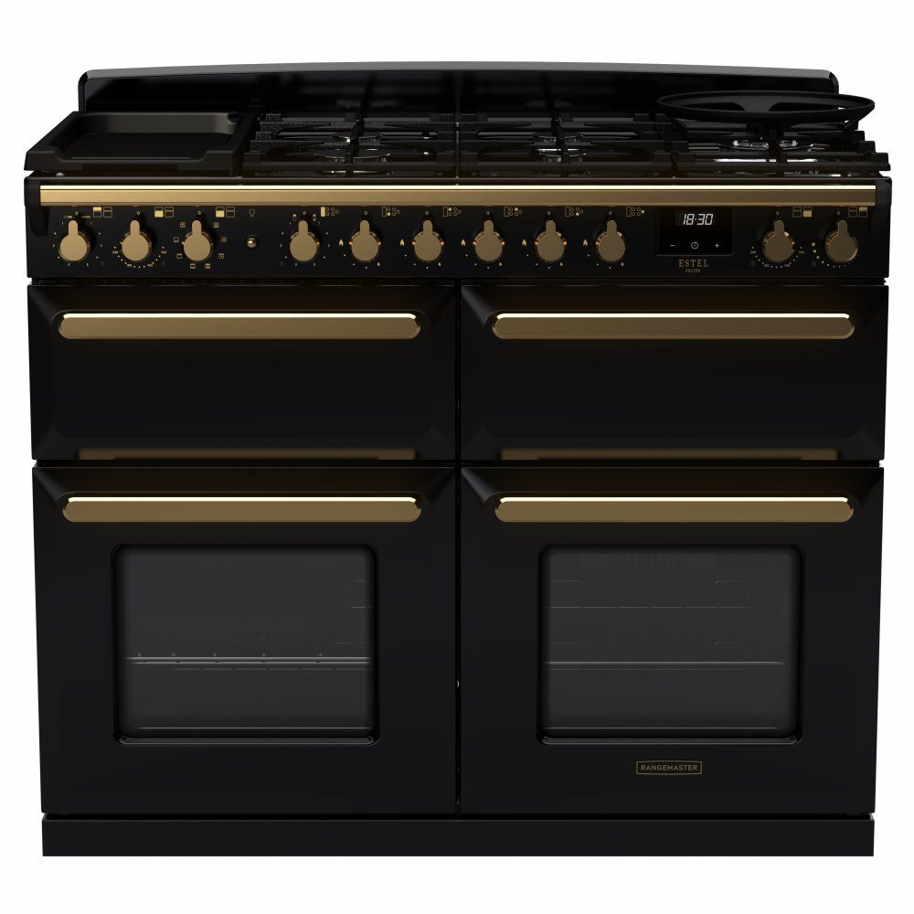 Rangemaster  Estel Deluxe BC 110cm Dual Fuel Range Cooker With Antique Brass Trim 18144 ESDLB110DFPGBL/AB1 - Black