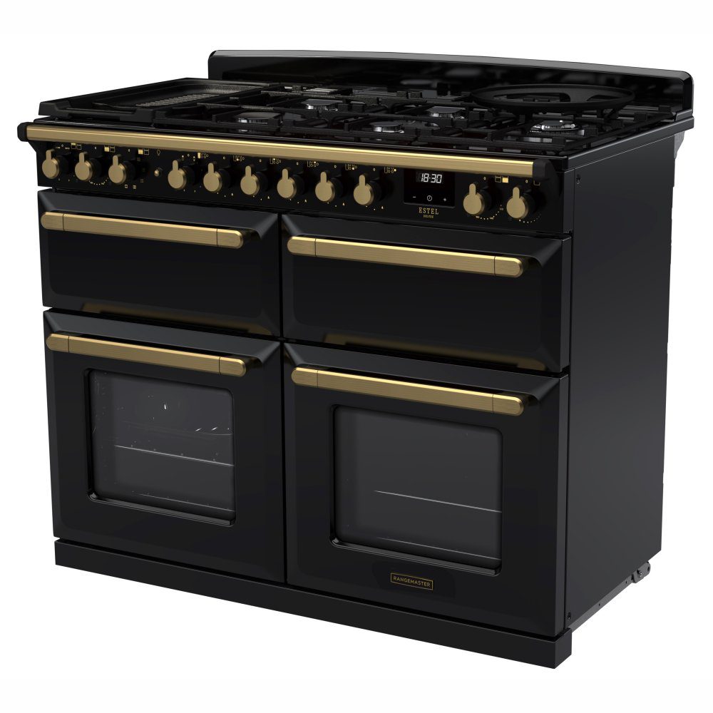 Rangemaster Estel Deluxe BC 110cm Dual Fuel Range Cooker With Antique Brass Trim 18144 ESDLB110DFPGBL/AB1 - Black Rangemaster Estel Deluxe BC 110cm Dual Fuel Range Cooker With Antique Brass Trim 18144 ESDLB110DFPGBL/AB1 - Black