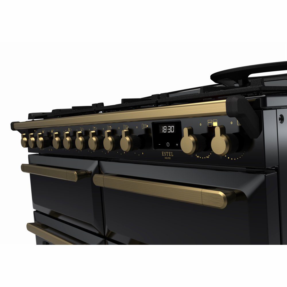 Rangemaster Estel Deluxe BC 110cm Dual Fuel Range Cooker With Antique Brass Trim 18144 ESDLB110DFPGBL/AB1 - Black Rangemaster Estel Deluxe BC 110cm Dual Fuel Range Cooker With Antique Brass Trim 18144 ESDLB110DFPGBL/AB1 - Black