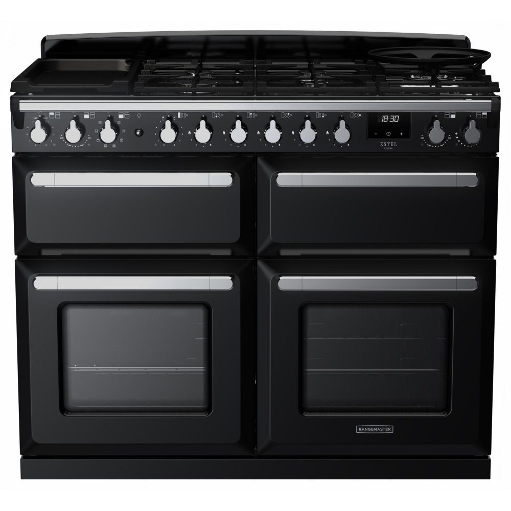 Rangemaster  Estel Deluxe BC 110cm Dual Fuel Range Cooker With Chrome Trim 15248 ESDLB110DFPGBL/CM1 - Black