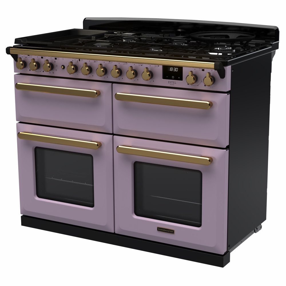 Rangemaster Estel Deluxe BC 110cm Dual Fuel Range Cooker With Antique Brass Trim 18243 ESDLB110DFPHTH/AB1 - Heather Rangemaster Estel Deluxe BC 110cm Dual Fuel Range Cooker With Antique Brass Trim 18243 ESDLB110DFPHTH/AB1 - Heather